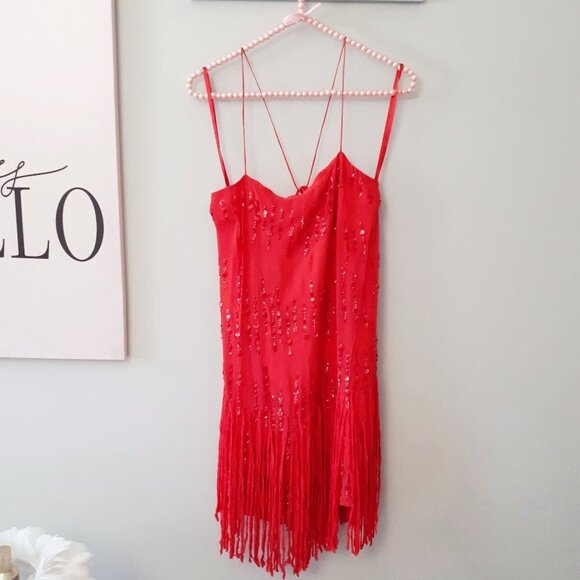 NWT Free People red fringe trim sequin embellished mini dress, XS - Picture 11 of 15